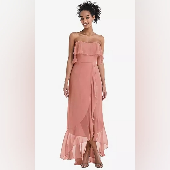 THREAD-OFF THE SHOULDER RUFFLED HIGH LOW MAXI DRESS IN DESERT ROSE - Picture 3 of 12